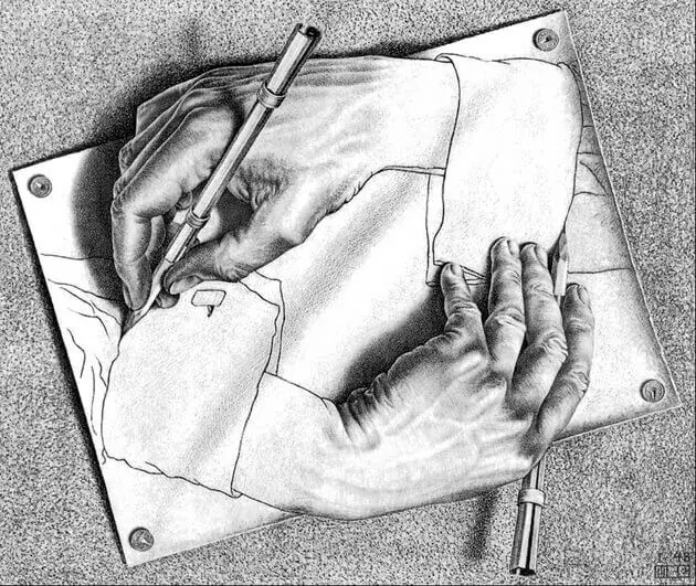 Observe, ao lado, esta gravura de Escher: Na linguagem verbal, exemplos de aproveitamento de recursos equivalentes aos da gravura de Escher encontram-se, com frequência