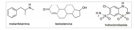 As principais substâncias utilizadas no doping no esporte são classificadas como estimulantes, esteroides e diuréticos. São exemplos dessas classes, respectivamente, metanfetamina, testosterona e hidroclorotiazida, cujas estruturas são mostradas a seguir As principais substâncias utilizadas no doping no esporte são classificadas como estimulantes, esteroides e diuréticos. São exemplos dessas classes, respectivamente, metanfetamina, testosterona e hidroclorotiazida, cujas estruturas são mostradas a seguir